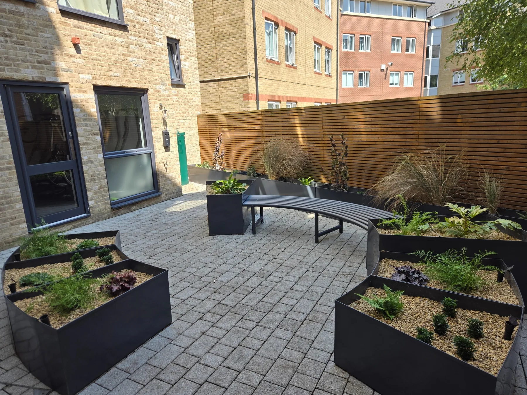 Landscaped residential courtyard with planters, planting and timber screening